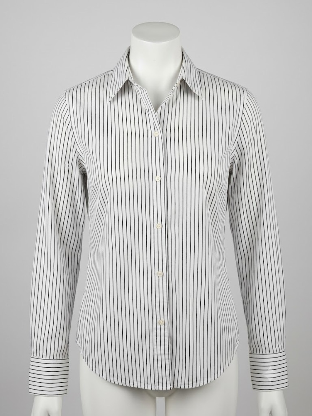 Ralph Lauren White Button-Up Collar Dress Shirt with Black Pinstripes